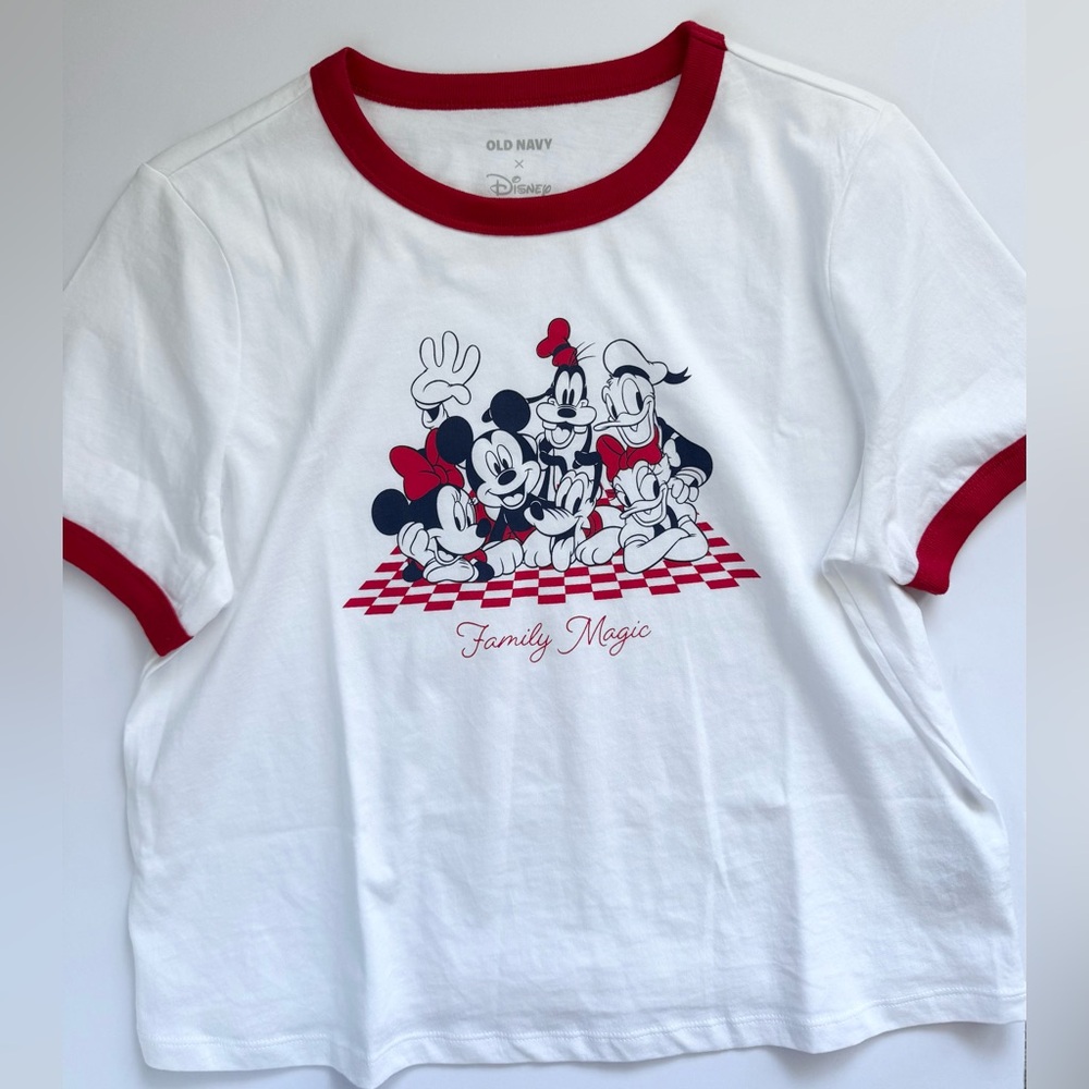Disney x Old Navy White Tee with Red Trim and Navy Family Graphic